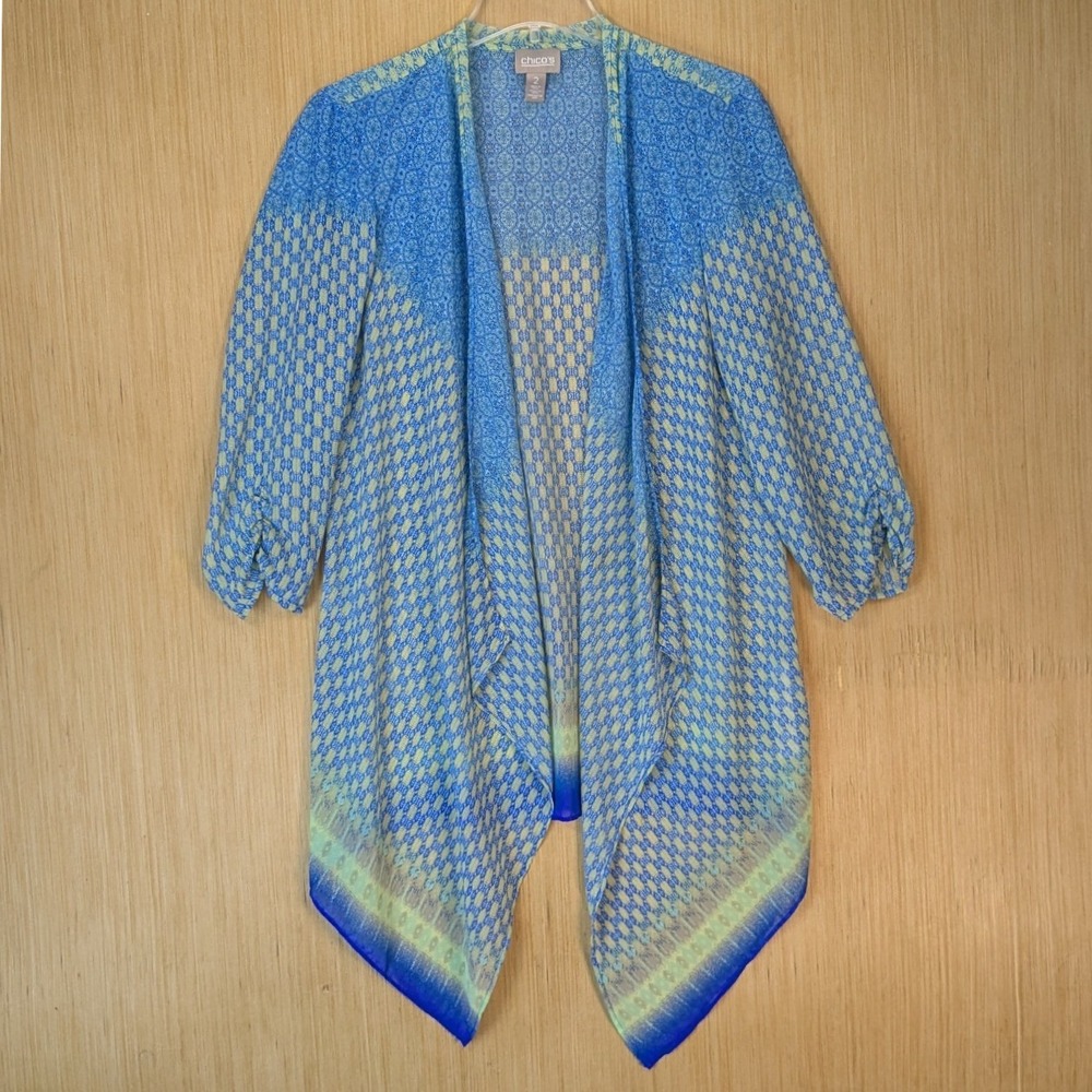 Chicos Cardigan‎ Kimono Womens Large Sheer Colorful Geometric Open Front Draped